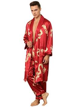 YAOMEI Herren Schlafanzug Morgenmantel, 2-in-1 Bademäntel Kimono + Schlafanzughose, Satin Nachtwäsche Bademantel Robe Negligee locker Schlafanzug Hose (L, Rot 2) von YAOMEI