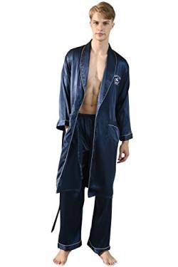 YAOMEI Herren Schlafanzug Morgenmantel, 2-in-1 Bademäntel Kimono + Schlafanzughose, Satin Nachtwäsche Bademantel Robe Negligee locker Schlafanzug Hose (XL, Blau) von YAOMEI