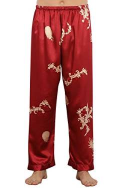 YAOMEI Herren Schlafanzughose Hose Lang, Satin seidig unterwäsche Casual Hosen Nachtwäsche Pyjamahose verstellbarem Elastik-Bund Taschen Schlafen Yoga Sport Freizeit (Roter Drache, 2XL) von YAOMEI