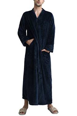 YAOMEI Unisex Damen Herren Morgenmantel Bademäntel Lang, Weich u. Leicht Korallenvlies Nachtwäsche Nachthemd Robe Negligee locker Schlafanzug, Reißverschluss & Taschen (X-Large, Marine) von YAOMEI