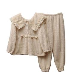 Damen Korallenfleece Dicker Flauschige Warm Viktorianische Prinzessin Langarm 2 Stück Pjs Nachtwäsche-Pyjama-Set Loungewear Zweiteiliger Schlafanzug Langarm-Flanelltop und Hose mit Spitze Beige XL von YAOTT