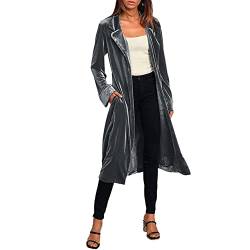 Damen Langer Velvet Blazer Einfarbig Notch Revers Maxi Vintage Samt Trenchcoat Frühling Herbst Damen Samt Mantel Offene Vorderseite Strickjacke Outwear Farbe B M von YAOTT