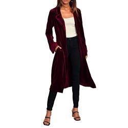 Damen Langer Velvet Blazer Einfarbig Notch Revers Maxi Vintage Samt Trenchcoat Frühling Herbst Damen Samt Mantel Offene Vorderseite Strickjacke Outwear Farbe D L von YAOTT