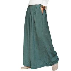 Damen Leinenhose Leicht Weite Sommerhose Casual Leinen Hosen Elastische Taille Sommer Lose Freizeithose Einfarbig Lang Stoffhose Frauen Bequeme Yoga Meditations Culottes Taschen Palazzo Hose Stil E S von YAOTT