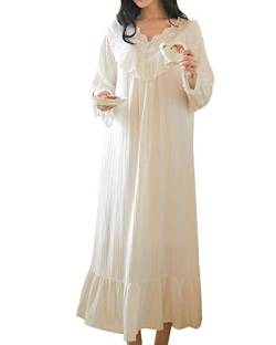 Damen Nachtkleid Viktorianisches Süße Prinzessin Große Größe Jacquard Langes Pyjama-Nachthemd mit Rüschen V-Ausschnitt aus Spitze Schlafanzug Nachtwäsche Schlaf-Shirt Lounge-Kleid Weiß L von YAOTT