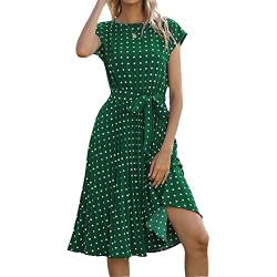 Damen Sommerkleid Tunika Kleid Gerüschtes Wickelkleid Elegant Midikleid Punktmuster Knielang Gefaltete Freizeitkleid Vintage Kleid Lose Casual Swing Kleid mit Gürtel Boho Kleider Grün XL von YAOTT