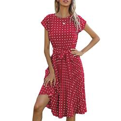 Damen Sommerkleid Tunika Kleid Gerüschtes Wickelkleid Elegant Midikleid Punktmuster Knielang Gefaltete Freizeitkleid Vintage Kleid Lose Casual Swing Kleid mit Gürtel Boho Kleider Weinrot L von YAOTT