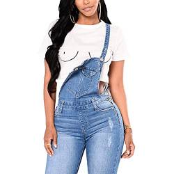 Latzhose Damen Jeans Boyfriend Löchern Denim Jumpsuit Romper Hüftjeans Denim Overall Ärmellos Stretch Skinny Retro Jeanshose Trägerhose Hoseanzug Latz Jeans Röhrenjeans mit Träger L von YAOTT