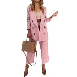 YAOTT Anzug Set Damen Business Elegant Retro Zweireihiger Revers Hosenanzug Slim Fit Blazer Mit Anzughosen Einfarbig 2 Teiler Outfit Für Office Hochzeit,Rosa,M von YAOTT