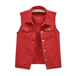 YAOTT Damen Gewaschener Jeansweste Ärmelloses Jeansjacke Outwear Ärmellos Einfache Beiläufige Jeansweste Knopf Umlegekragen Zerrissene Denim Weste mit Taschen rot 3XL von YAOTT