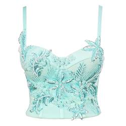 YAOTT Damen Korsagen Spaghetti-Träger-Korsett Camisole-Bustier Crop-Top-Unterwäsche Rückenfrei Perlen Pailletten Blumen Glitzer Party BH Dessous-Überbrust Korsetts Shapewear Outfit Corsage Grün S von YAOTT