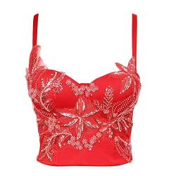 YAOTT Damen Korsagen Spaghetti-Träger-Korsett Camisole-Bustier Crop-Top-Unterwäsche Rückenfrei Perlen Pailletten Blumen Glitzer Party BH Dessous-Überbrust Korsetts Shapewear Outfit Corsage rot L von YAOTT