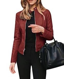 YAOTT Damen Kunstlederjacke Herbst Langarm Kurzjacke Reißverschluss Motorrad Lederjacke lässige Retro Frühlings- und Herbstjacke PU Lederjacke Hip-Hop lose Übergangsjacke Weinrot S von YAOTT