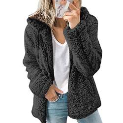 YAOTT Damen Plüschjacke Winter Kurzmantel Herbst Warme Jacke Plüsch Kurze Strickjacke Kapuzen Teddyfleece Langarm Pullover flauschige Oversize Sweatshirt warmer Hoodie Schwarz M von YAOTT