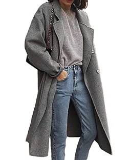 YAOTT Damen Trenchcoat Zweireiher Langer Mantel Klassische Herbst Jacke Winddichter Mantel Lässiger langer Trenchcoat aus Kunstwolle mit Gürtel Mantel Schulterklappen Parka-Jacke Grau XL von YAOTT