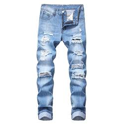 YAOTT Herren Jeans Hose Lang Vintage Used Look Destroyed Rissen Löcher Jeanshosen Denim Pants Basic Regular Fit Straight Jeans,Blau1,36 von YAOTT