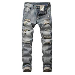 YAOTT Herren Jeans Hose Lang Vintage Used Look Destroyed Rissen Löcher Jeanshosen Denim Pants Basic Regular Fit Straight Jeans,Blau3,32 von YAOTT