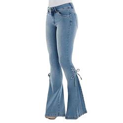 YAOTT Jeanshose Damen Elegant Stretch Skinny Bootcut Flared Hose Casual Stretch Fest Hüfte Ausgestellte Retro Stil Jeans Mit Schnürung Frühling Und Herbst,HellBlau,XL von YAOTT