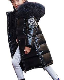 YAOTT Mädchen Glänzende Daunenjacke Übergroßer gesteppter Puffer Bubble Winter Warme Verdickte Winterjacke mit Fleece gefüttertes Dicker Mantel Jackenparka mit Fellkapuze Schwarz 140cm von YAOTT