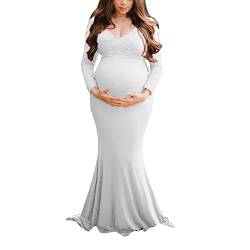 YAOTT Schwangerschaftskleid Fotoshooting Schwangere Frauen Maxikleid Umstandskleid Mutterschaft Elegante Langarm Langes Hochzeit Abendkleid,Weiß,XL von YAOTT