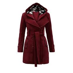 YAOTT Trenchcoat Damen Lang Mit Kapuze Winterjacke Frauen Elegant Einfarbig Revers Warm Gefüttert Zweireihig Coat Mit Gürtel Herbst Und Winter Parka Mantel,Rot2,S von YAOTT