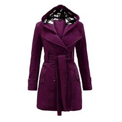 YAOTT Trenchcoat Damen Lang Mit Kapuze Winterjacke Frauen Elegant Einfarbig Revers Warm Gefüttert Zweireihig Coat Mit Gürtel Herbst Und Winter Parka Mantel,Violett,L von YAOTT