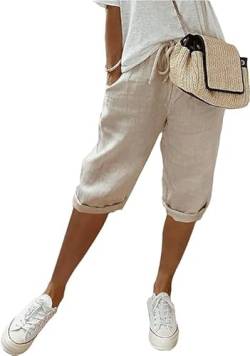 Sommerhose Damen Leicht leinenhose Sommer Kurze Hosen Luftig Hohe Taille Caprihose Einfarbig Strandhose Stoffhose Casual Pants (DE/NL/SE/PL, Alphanumerisch, L, Regular, Regular, Standard, Khaki) von YAQUEKOU