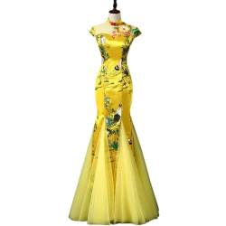 YAROVA Damen Cheongsam Kleid - Sommer-Kurzarm-Reizvolles Dünnes Stickerei-Kleid Im Chinesischen Stil Hochzeit Cheongsam Retro-Party-Bankett Qipao Elegantes Kleid Der Frauen, Gelb, XL von YAROVA