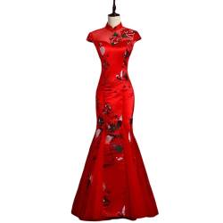 YAROVA Damen Cheongsam Kleid - Sommer Kurzarm Sexy Schlank Stickerei Kleid Im Chinesischen Stil Hochzeit Cheongsam Retro Party Bankett Qipao Damen Elegantes Kleid,Rot,L von YAROVA