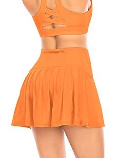 Damen Plissierter Tennisrock mit Hose Faltenrock Kurz Hosenrock Tennis Golf Sport Workout Running Rock Sommerrock Minirock (Orange, 2XS) von YARRCO