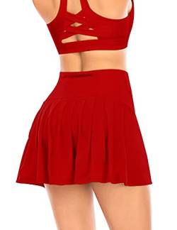 Damen Plissierter Tennisrock mit Hose Faltenrock Kurz Hosenrock Tennis Golf Sport Workout Running Rock Sommerrock Minirock (Rot, XL) von YARRCO