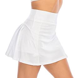 Damen Plissierter Tennisrock mit Unterhose Tennis Faltenrock Kurz Hosenrock Golf Sport Running Rock Sommerrock (Weiß, M) von YARRCO