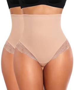 YARRCO Bauchweg Unterhose Damen Miederslips Spitze String Slips Tanga Shapewear Body Shaper Miederhose Formende Unterwäsche (Beige+Beige, 3XL) von YARRCO