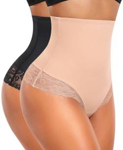 YARRCO Bauchweg Unterhose Damen Miederslips Spitze String Slips Tanga Shapewear Body Shaper Miederhose Formende Unterwäsche (Schwarz+Beige, XL) von YARRCO