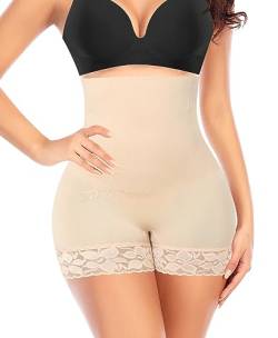 YARRCO Bauchweg Unterhose Damen Shapewear Nahtlose Spitze Miederhhose Hohe Taille Kurze Miederpants Body Shaper Leggings Figurformende Unterwäsche (Beige, M) von YARRCO