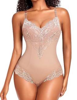 YARRCO Body Shaper Damen Bauchweg Shapewear Spitze Shaping Bodysuits Figurformende Unterwäsche Miederbody Miederslip (Beige, L) von YARRCO