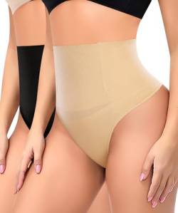 YARRCO Damen Bauchweg String Tanga Shapewear Unterhose Slips Shaper Miederslips Figurformende Unterwäsche (Schwarz+Beige-Nahtlos, L) von YARRCO