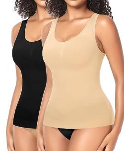 YARRCO Shape Unterhemd Damen Formende Tank Top Bauchweg Shapewear Sport Tanktop Figurformendes Trägertop Body Shaper Hemdchen Nahlos Camisole Shaping Hemd (Schwarz+Beige-Weite Träger, 2XL) von YARRCO