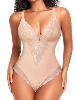 YARRCO Shapewear Damen Body Shaper Bauchweg Bodysuits Shaping Unterwäsche Formender Miederbody Formbody Miederslips Spitze Figurformende Tanga String (Beige, S) von YARRCO