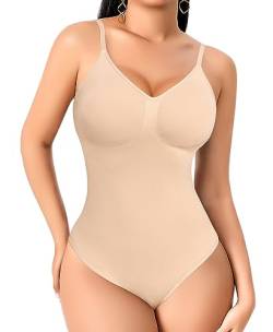 YARRCO Shapewear Damen Body Shaper Bauchweg Shaping Bodysuits Tanga Figurformende Unterwäsche String Miederbody Miederslip (Beige, 2XL) von YARRCO