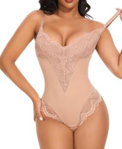 YARRCO Shapewear Damen Bodysuits Bauchweg Formende Body Shaper Figurformende Unterwäsche Shaping Miederbody Formbody Spitze Miederslips Tanga String (Beige, 3XL) von YARRCO