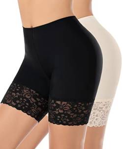 YARRCO Spitzen-Shorts für Damen, Chub-Rub-Shorts, nahtlose Slip-Shorts für Unterkleider, Boyshorts, Sicherheitsshorts, Unterwäsche, #2 Schwarz + Nude (lange Spitze), 46 von YARRCO