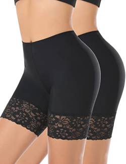 YARRCO Spitzen-Shorts für Damen, Chub-Rub-Shorts, nahtlose Slip-Shorts für Unterkleider, Boyshorts, Sicherheitsshorts, Unterwäsche, #2 Schwarz + Schwarz (lange Spitze), 38 von YARRCO