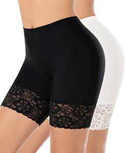 YARRCO Spitzen-Shorts für Damen, Chub-Rub-Shorts, nahtlose Slip-Shorts für Unterkleider, Boyshorts, Sicherheitsshorts, Unterwäsche, #2 Schwarz + Weiß (lange Spitze), 48 von YARRCO