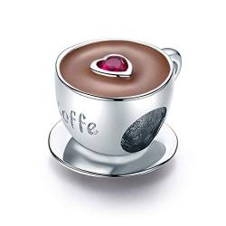 Charm-Anhänger "I Love Coffee", 925er-Sterlingsilber, rote Emaille, Herzanhänger, für Pandora-Armband Love Coffee Cup Charms von YASHUO Jewellery
