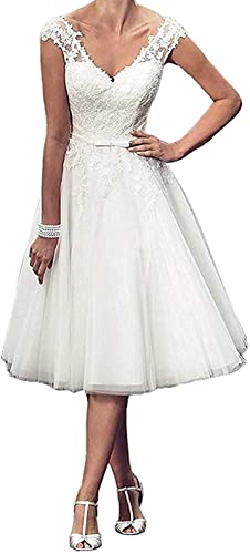 YASIOU Hochzeitskleid Damen Kurz Vintage Knielang weiß Spitze Tüll Glitzer Standesamt Sexy V-Ausschnitt Brautkleid von YASIOU