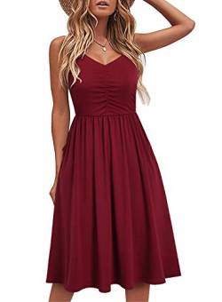 YATHON Lässige Kleider für Frauen Ärmellose Baumwolle Sommer Strandkleid A Linie Spaghettiträger Sommerkleider mit Taschen, YT090-bordeaux, Klein von YATHON