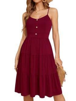 YATHON Sommerkleider für Damen, lässig, Sommer, Strand, ärmellos, Spaghetti-Trägerkleid, Knopfleiste, Rüschen, fließend, plissiert, Kleider, A-burgund, Groß von YATHON