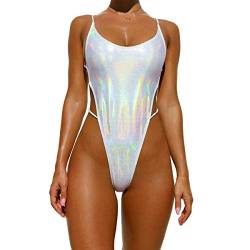 YAUASOPA Sexy Liquid Metallic Glitter One Piece Push Up Badeanzug Damen Glänzend Solide Hoch Cut Beachwear, hell silberfarben, Medium von YAUASOPA