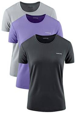 Damen Sport T-Shirt 3er Pack Funktionsshirt Laufshirt Fitness Shirt Trainingsshirt Kurzarm Rundhals Atmungsaktiv Schnelltrocknendes für Running Workout Gym (Black+Violet+Grey, 2XL) von YAWHO